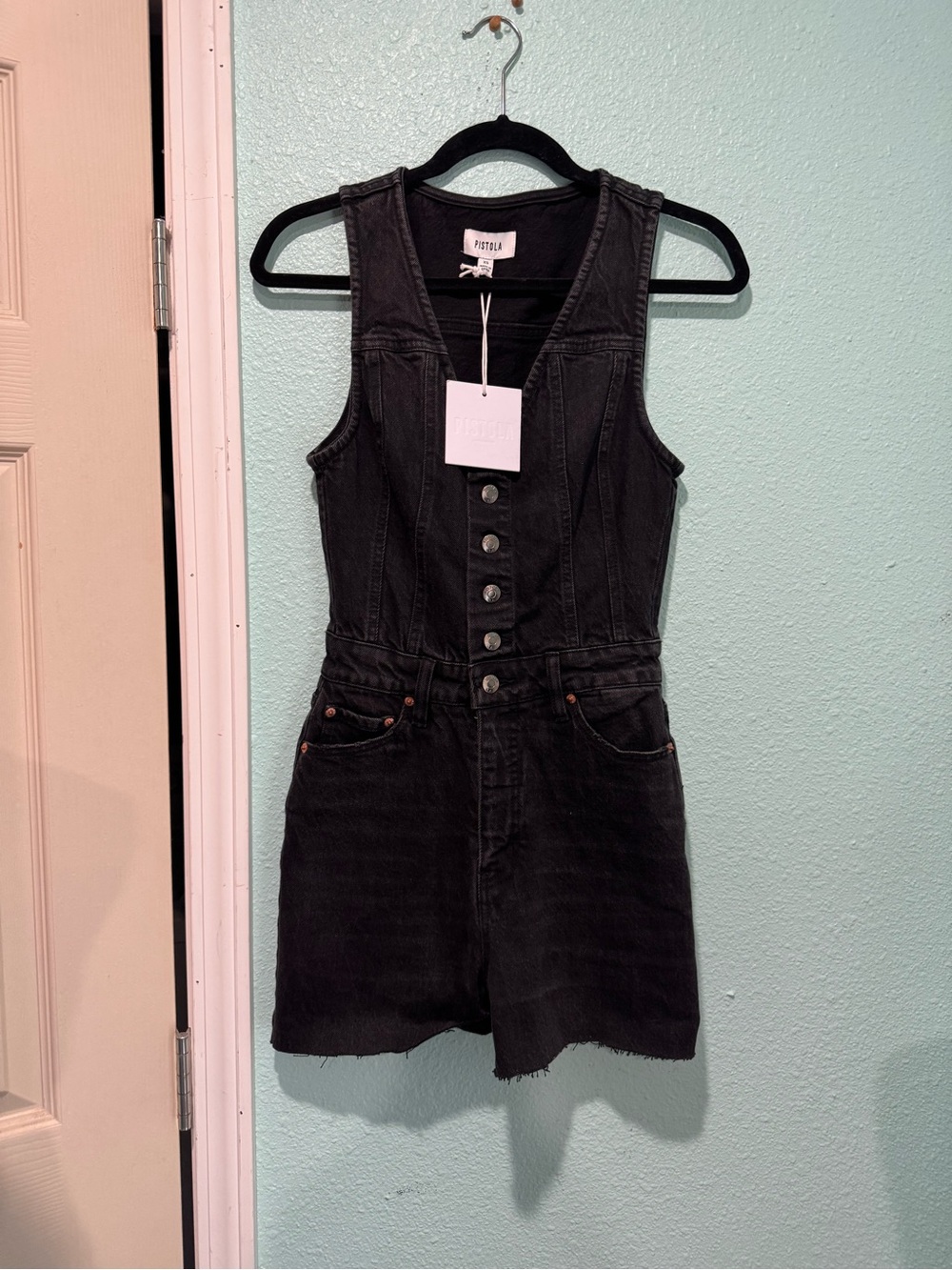 pistola Black Denim Button-Front Sleeveless Romper